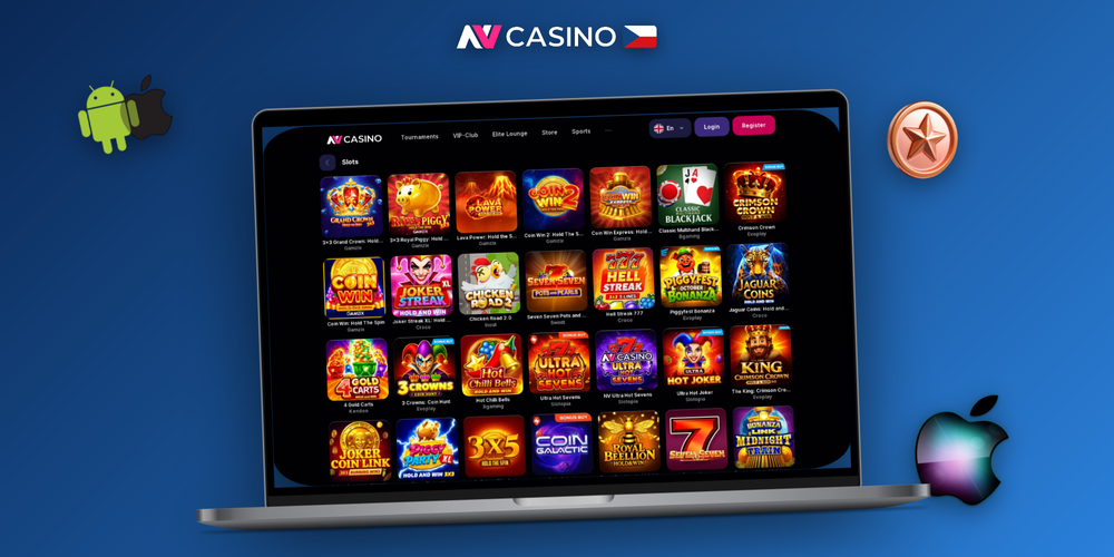 NV Casino demo rozhraní s tlačítky Hrát a Demo u každého slotu