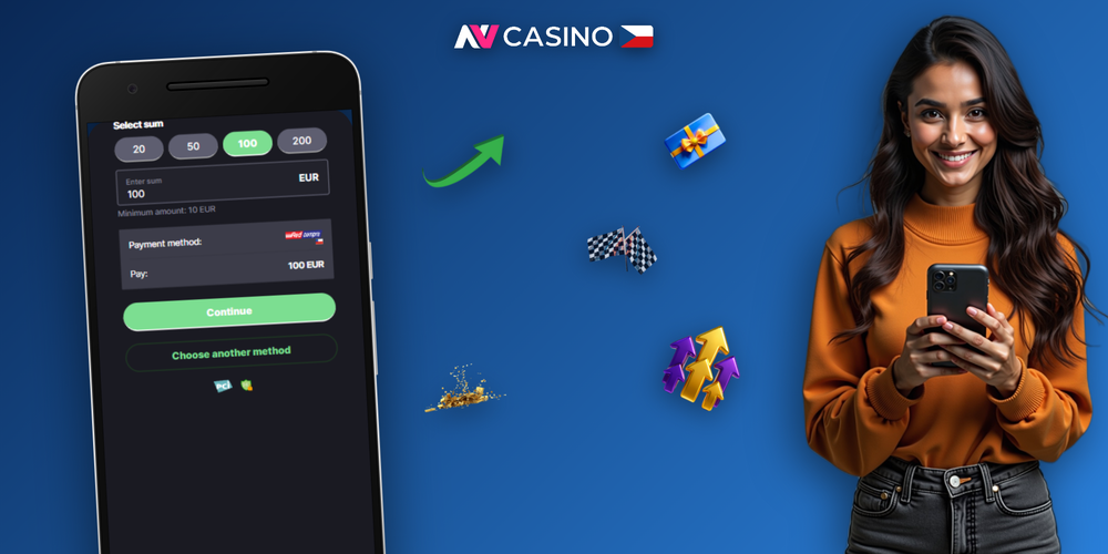 Uvítací bonusový balíček NV Casino s mincemi, žetony a free spiny na tmavém pozadí