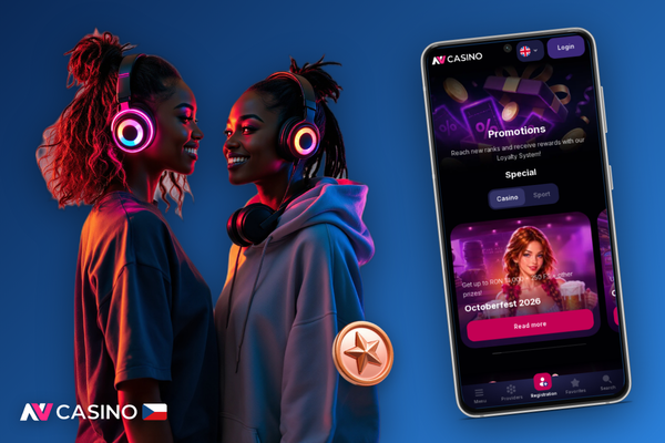 Mobilní telefon s aplikací NV Casino otevřenou při zadávání promo kódu před prvním vkladem